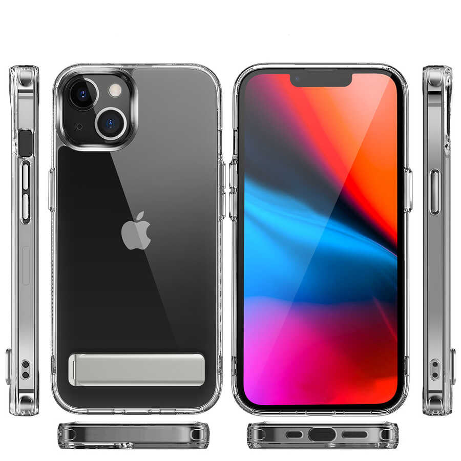 Apple iPhone 14 Plus Kılıf Standlı Şeffaf Silikon Zore L-Stand Kapak Renksiz