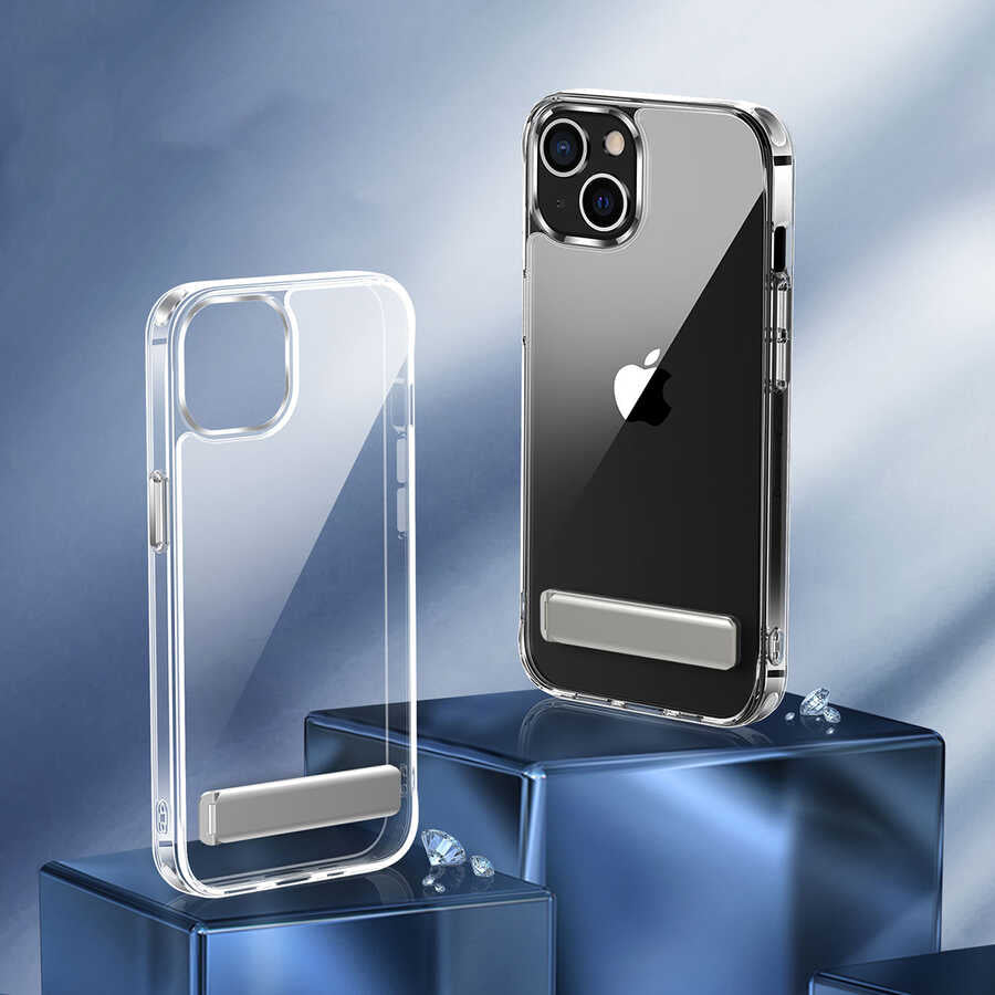 Apple iPhone 14 Plus Kılıf Standlı Şeffaf Silikon Zore L-Stand Kapak Renksiz