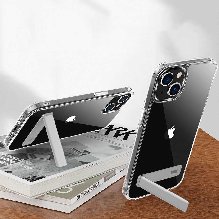 Apple iPhone 14 Plus Kılıf Standlı Şeffaf Silikon Zore L-Stand Kapak Renksiz