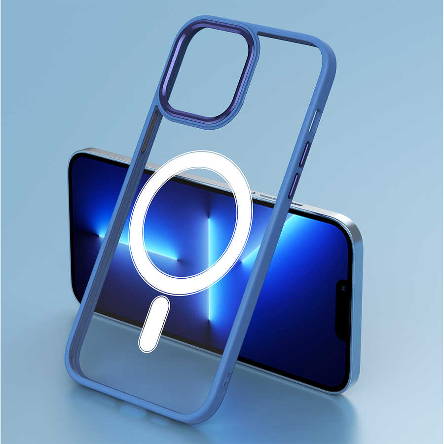Apple iPhone 14 Plus Kılıf Wireless Şarj Özellikli Zore Krom M-safe Silikon Kapak Lila