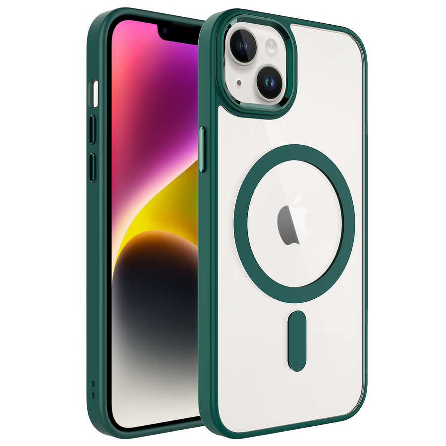 Apple iPhone 14 Plus Kılıf Wireless Şarj Özellikli Zore Krom M-safe Silikon Kapak Koyu Yeşil