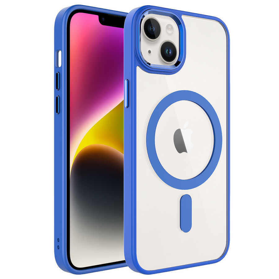 Apple iPhone 14 Plus Kılıf Wireless Şarj Özellikli Zore Krom M-safe Silikon Kapak Mavi