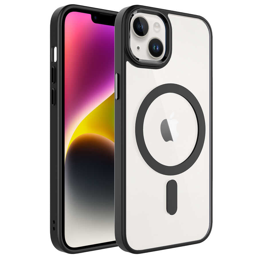 Apple iPhone 14 Plus Kılıf Wireless Şarj Özellikli Zore Krom M-safe Silikon Kapak Siyah