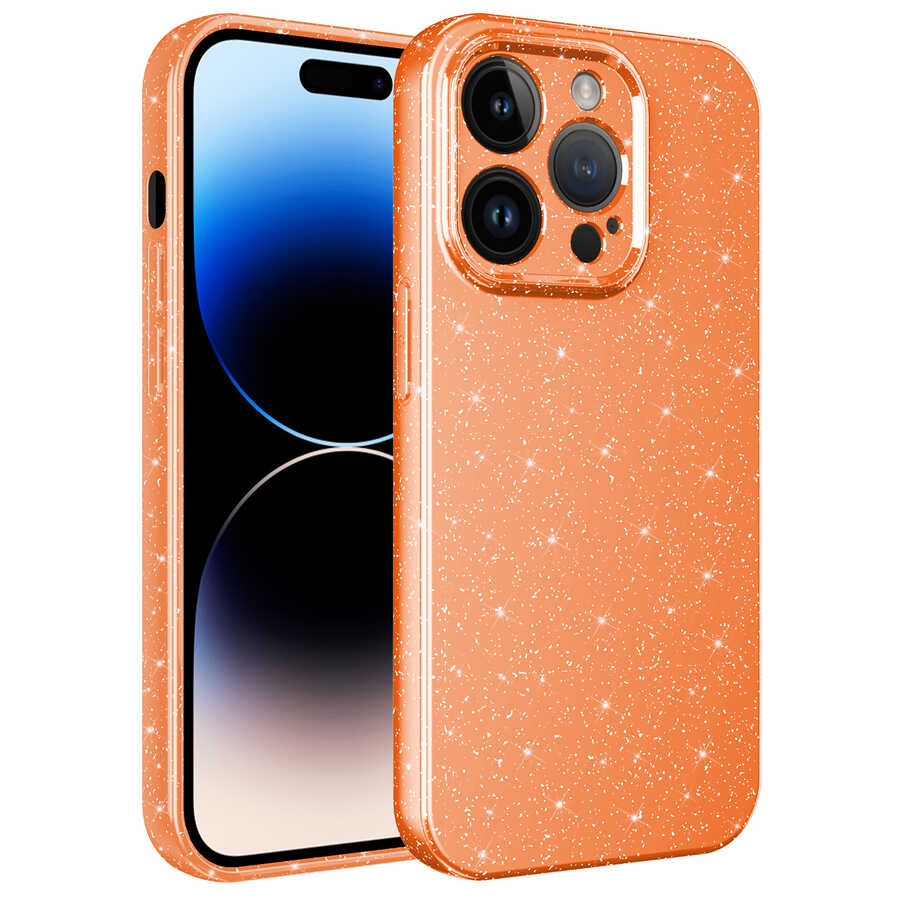 Apple iPhone 14 Pro Kılıf Kamera Korumalı Simli Lüks Zore Koton Kapak Turuncu