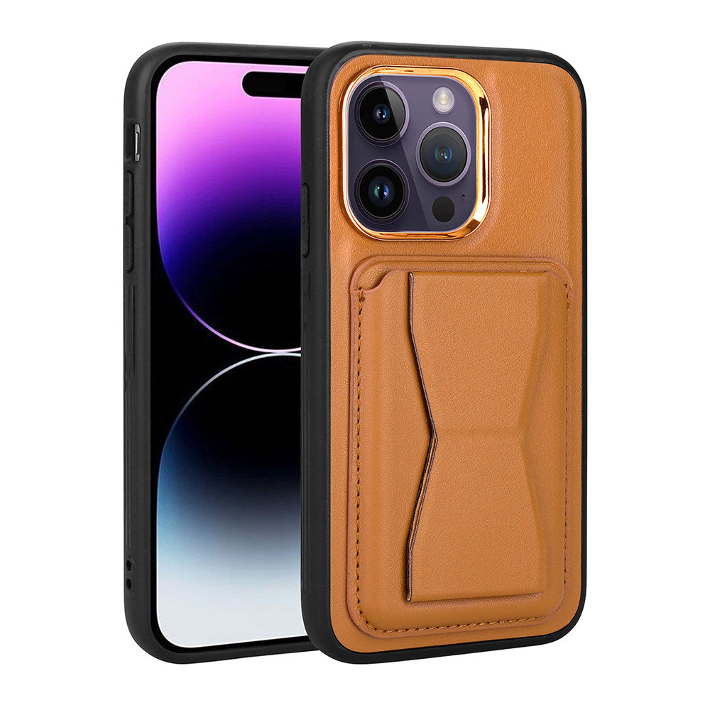 Apple iPhone 14 Pro Kılıf Kartlıklı Standlı Pu Deri Zore Memo Kapak Kahve Açık