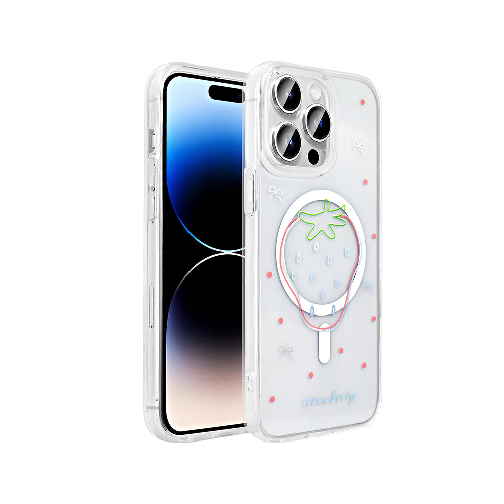 Apple iPhone 14 Pro Kılıf M-Safe Şarj Özellikli Şeffaf Zore Folk Sert Kapak Çilek