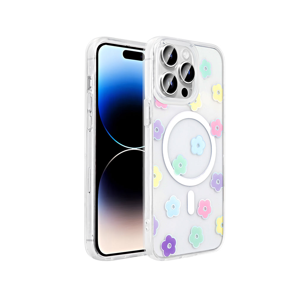 Apple iPhone 14 Pro Kılıf M-Safe Şarj Özellikli Şeffaf Zore Folk Sert Kapak Papatya