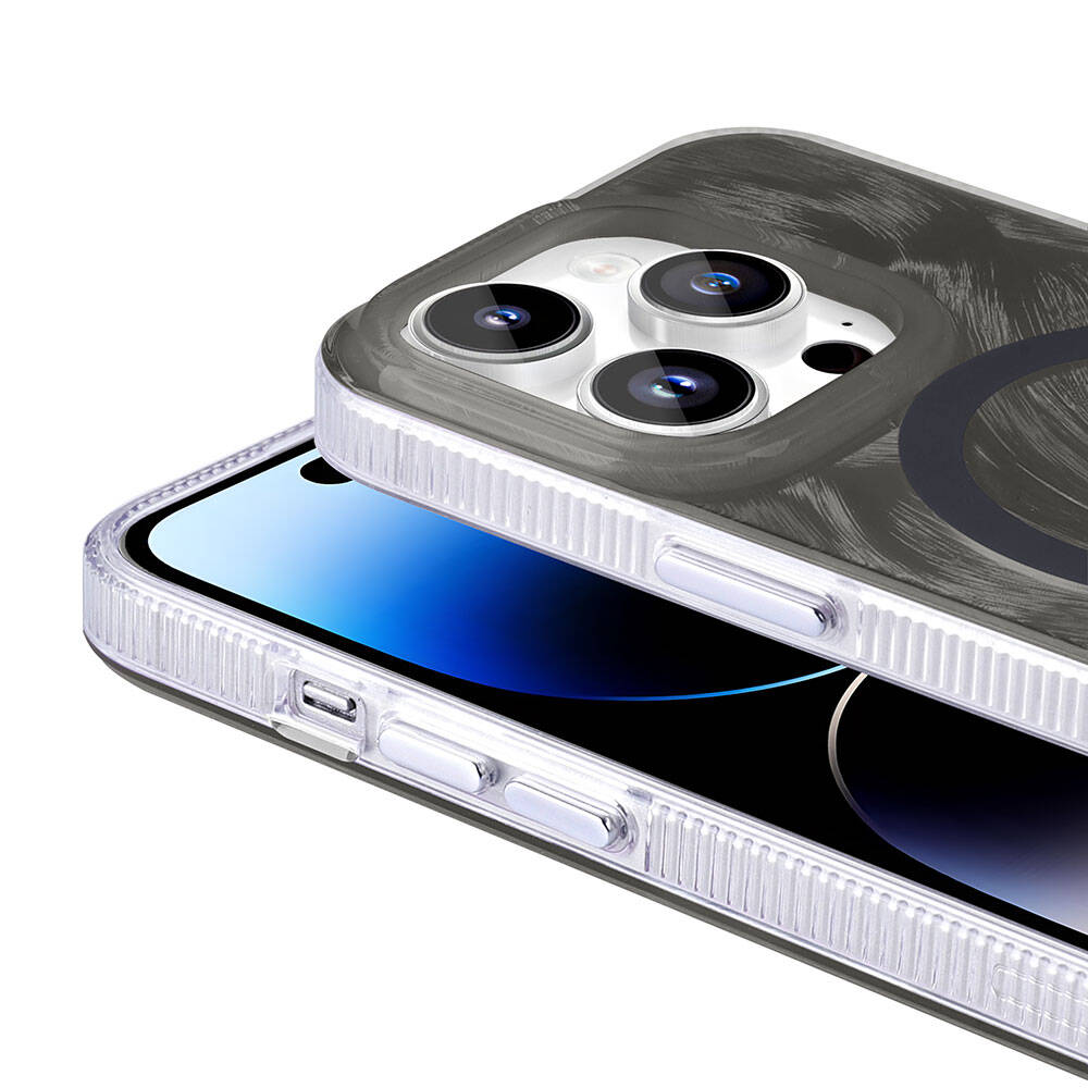 Apple iPhone 14 Pro Kılıf M-safe Şarj Özellikli Fırça Boya Desenli Zore Palet Kapak Pembe