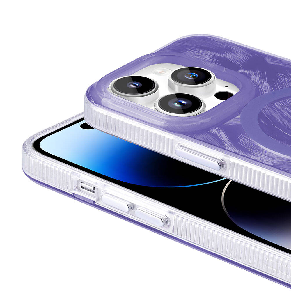 Apple iPhone 14 Pro Kılıf M-safe Şarj Özellikli Fırça Boya Desenli Zore Palet Kapak Gri