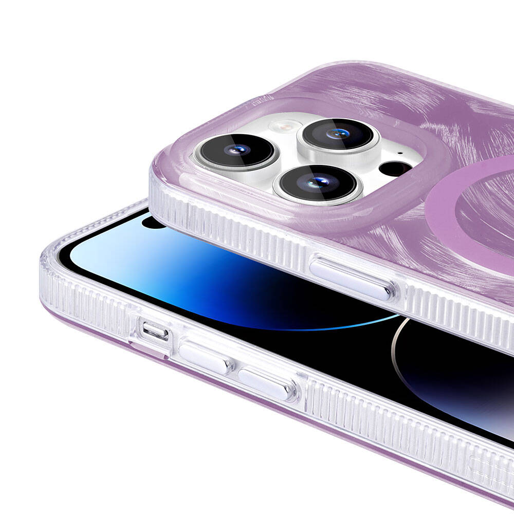 Apple iPhone 14 Pro Kılıf M-safe Şarj Özellikli Fırça Boya Desenli Zore Palet Kapak Gri