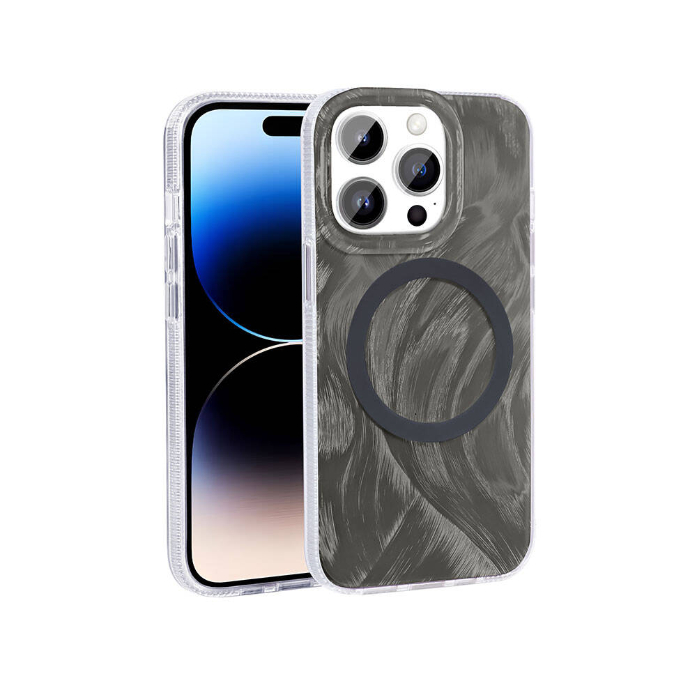 Apple iPhone 14 Pro Kılıf M-safe Şarj Özellikli Fırça Boya Desenli Zore Palet Kapak Mor