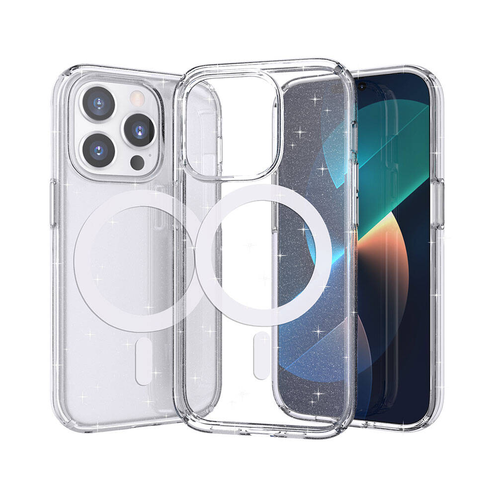 Apple iPhone 14 Pro Kılıf M-safe Şarj Özellikli Parlayan Simli Saydam Renkli Zore Allstar Kapak Mor