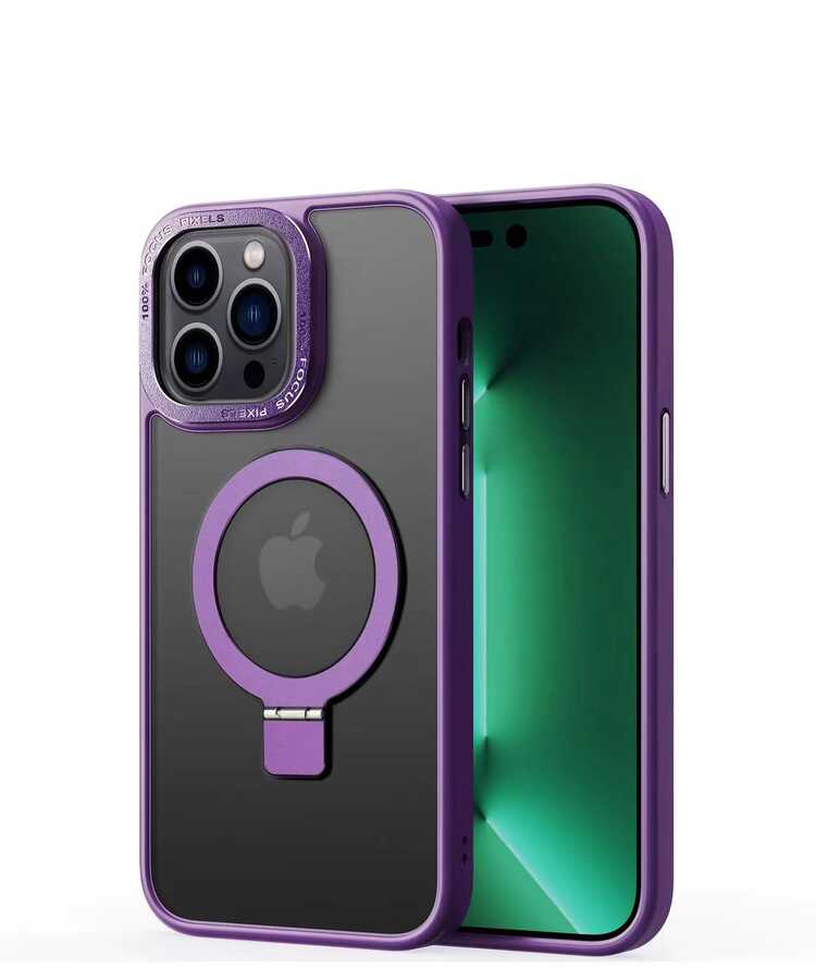 Apple iPhone 14 Pro Kılıf M-safe Wireless Şarj Özellikli Standlı Zore Ting Kapak Derin Mor