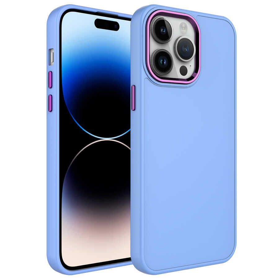 Apple iPhone 14 Pro Kılıf Metal Çerçeve ve Buton Tasarımlı Silikon Zore Luna Kapak Lila