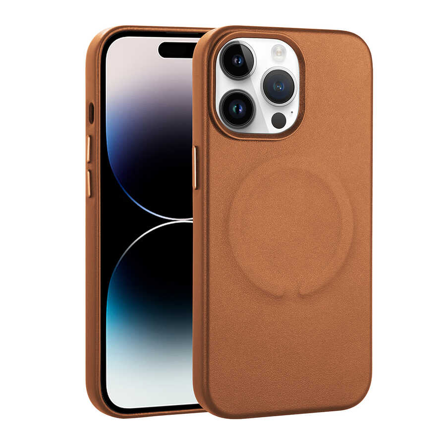 Apple iPhone 14 Pro Kılıf PU Deri M-safe Wireless Şarj Özellikli Zore Derix Kapak Kahverengi