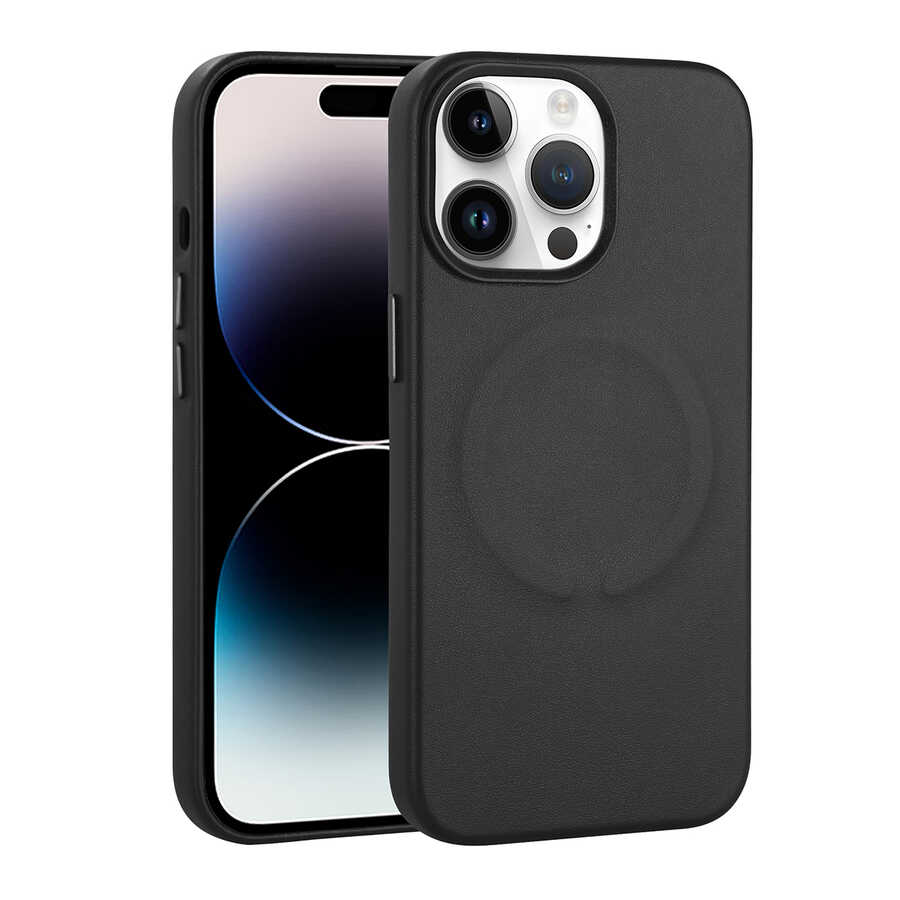 Apple iPhone 14 Pro Kılıf PU Deri M-safe Wireless Şarj Özellikli Zore Derix Kapak Siyah
