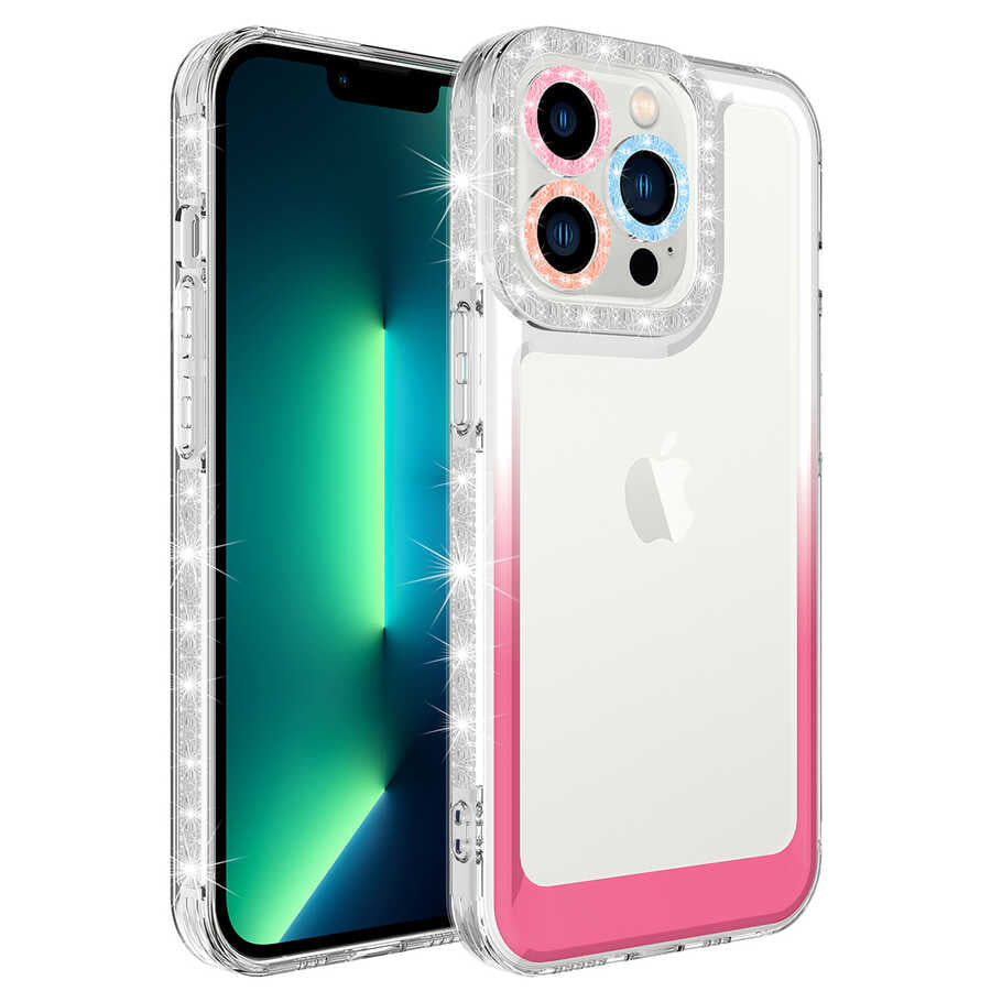 Apple iPhone 14 Pro Kılıf Simli ve Renk Geçiş Tasarımlı Lens Korumalı Zore Park Kapak Beyaz-Pembe