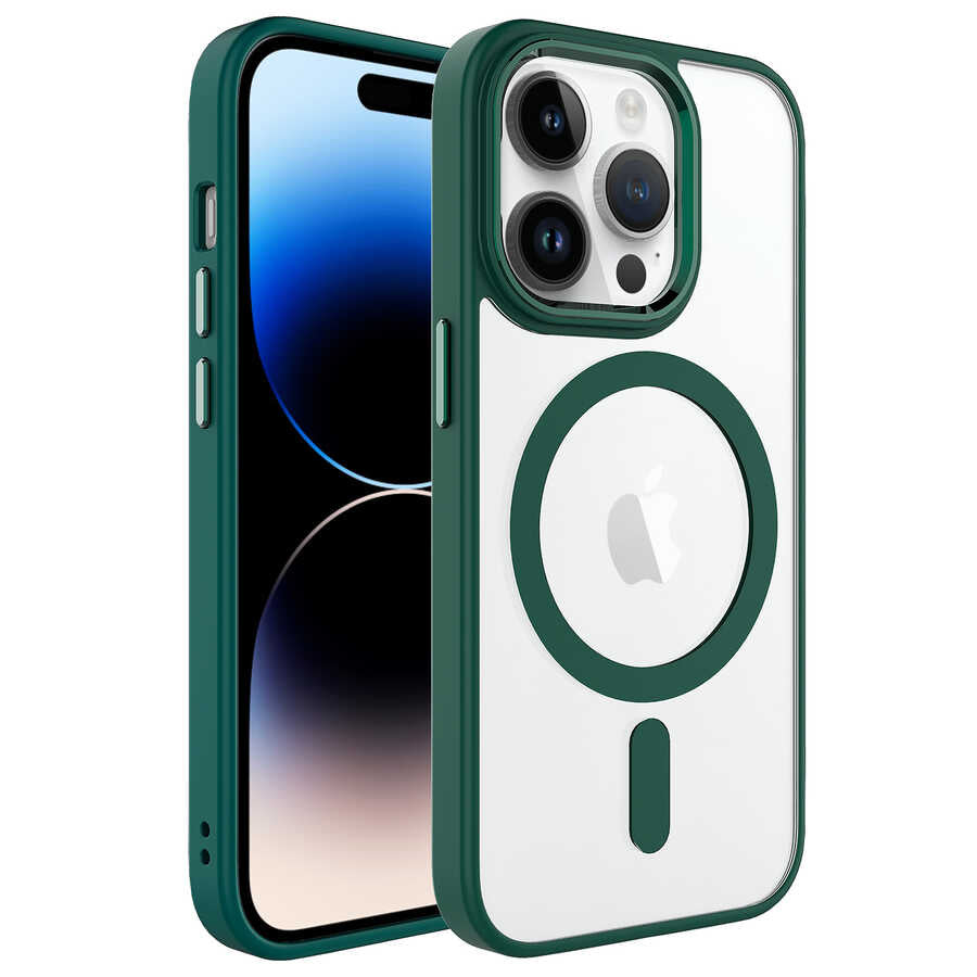 Apple iPhone 14 Pro Kılıf Wireless Şarj Özellikli Zore Krom M-safe Silikon Kapak Mavi
