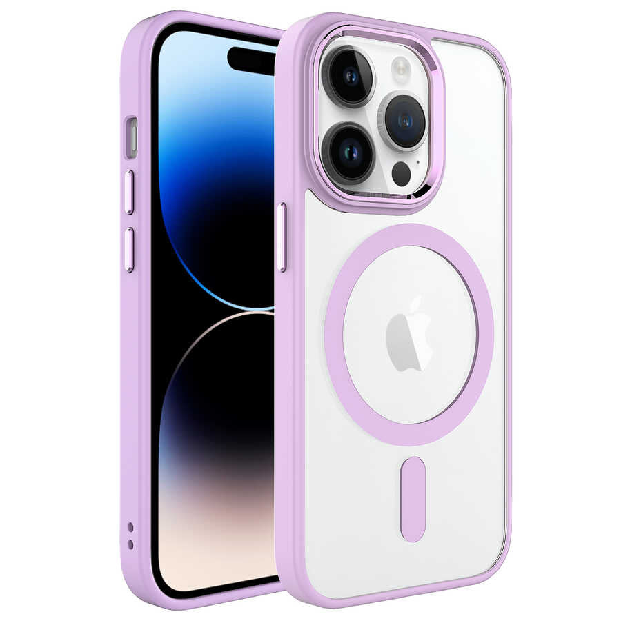 Apple iPhone 14 Pro Kılıf Wireless Şarj Özellikli Zore Krom M-safe Silikon Kapak Pembe Açık