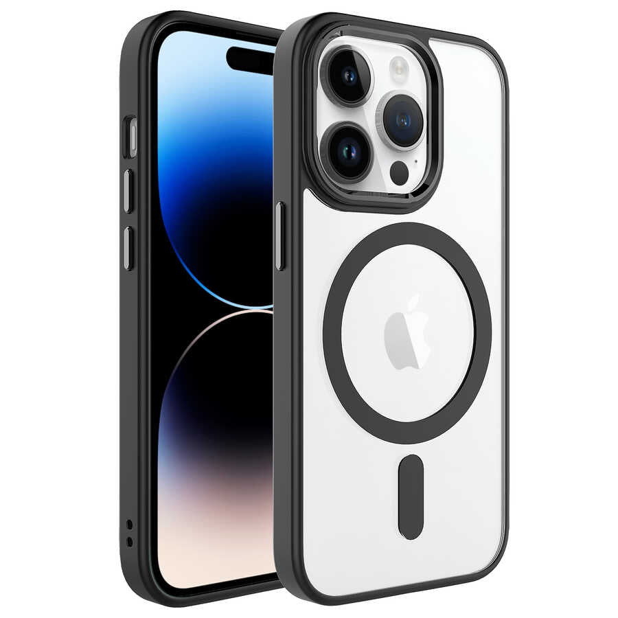 Apple iPhone 14 Pro Kılıf Wireless Şarj Özellikli Zore Krom M-safe Silikon Kapak Siyah