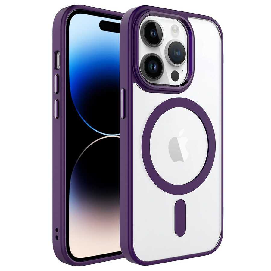 Apple iPhone 14 Pro Kılıf Wireless Şarj Özellikli Zore Krom M-safe Silikon Kapak Derin Mor
