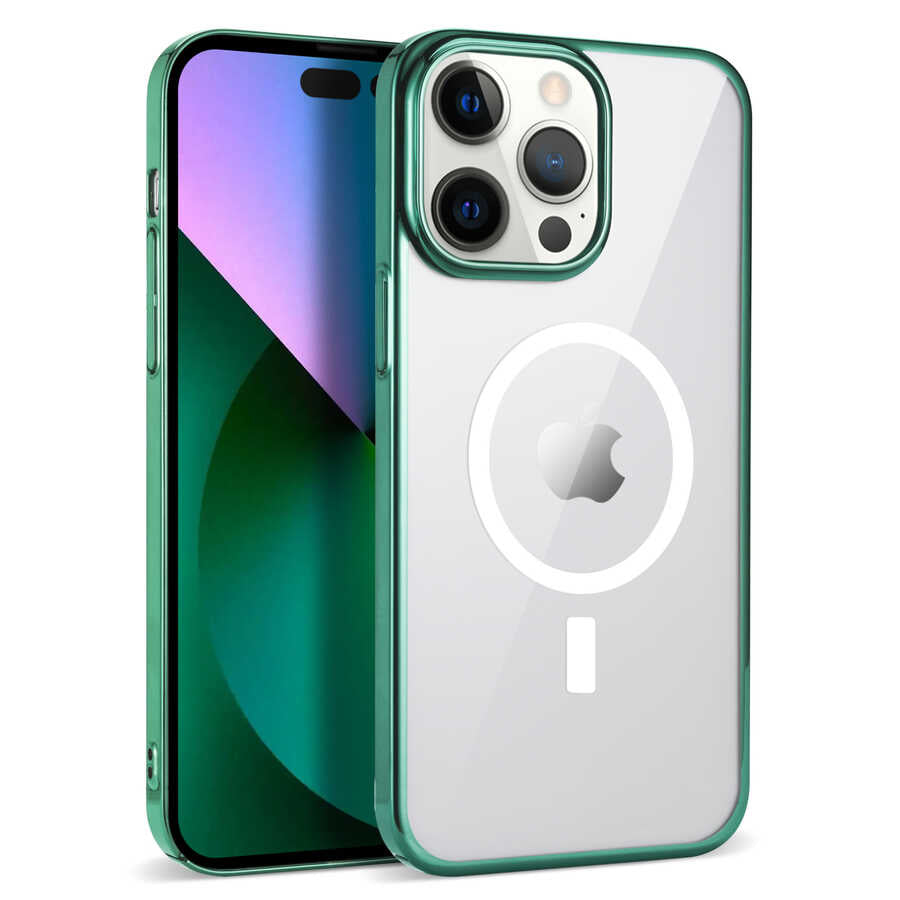 Apple iPhone 14 Pro Kılıf Zore Wireless Şarj Özellikli Pixel M-safe Kapak Koyu Yeşil