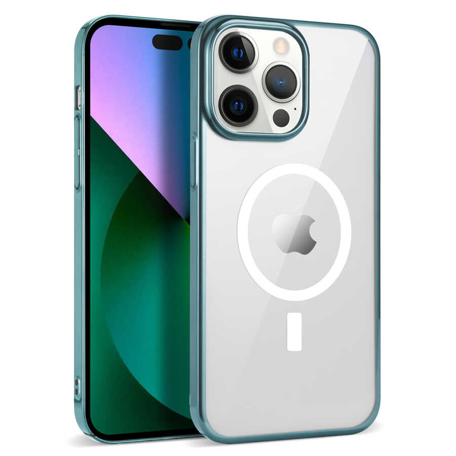 Apple iPhone 14 Pro Kılıf Zore Wireless Şarj Özellikli Pixel M-safe Kapak Koyu Yeşil