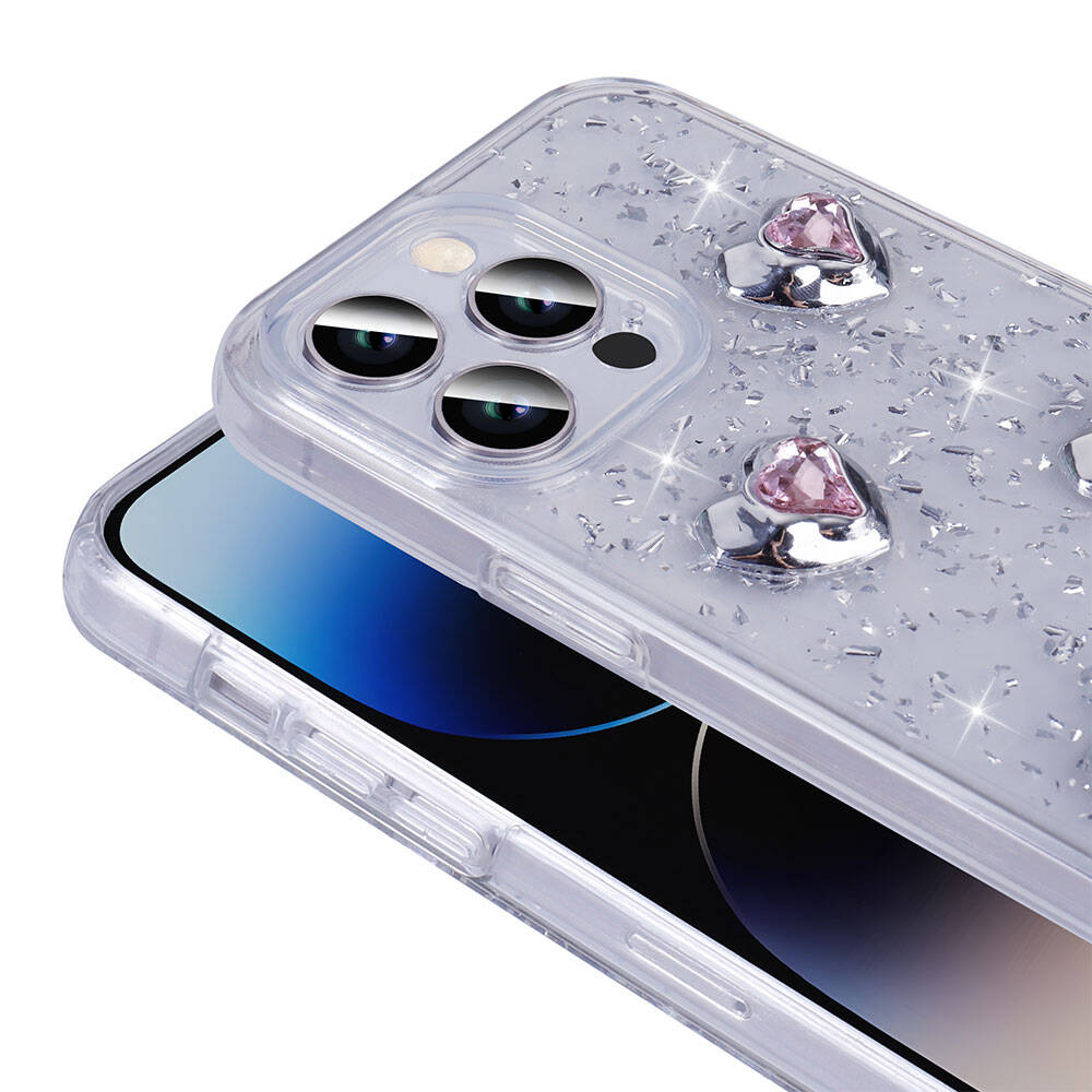 Apple iPhone 14 Pro Max Kılıf Airbagli Simli Arka Yüzey Zore Işıltı Silikon Kapak Pembe