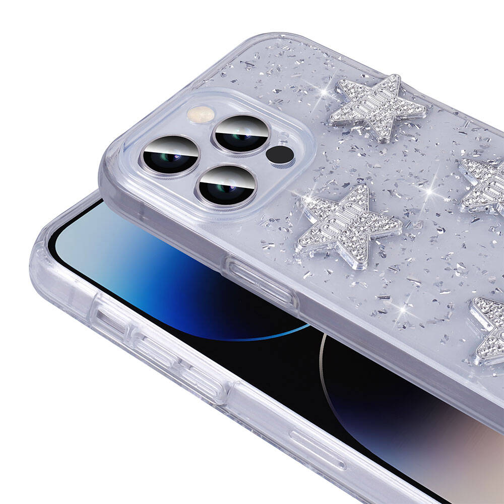 Apple iPhone 14 Pro Max Kılıf Airbagli Simli Arka Yüzey Zore Işıltı Silikon Kapak Pembe