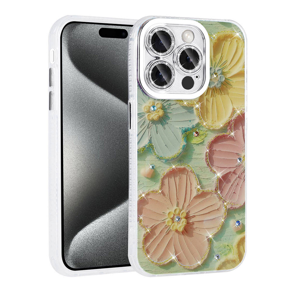 Apple iPhone 14 Pro Max Kılıf Çiçek Desenli Parlak Taşlı Sert Silikon Zore Garden Kapak Mavi