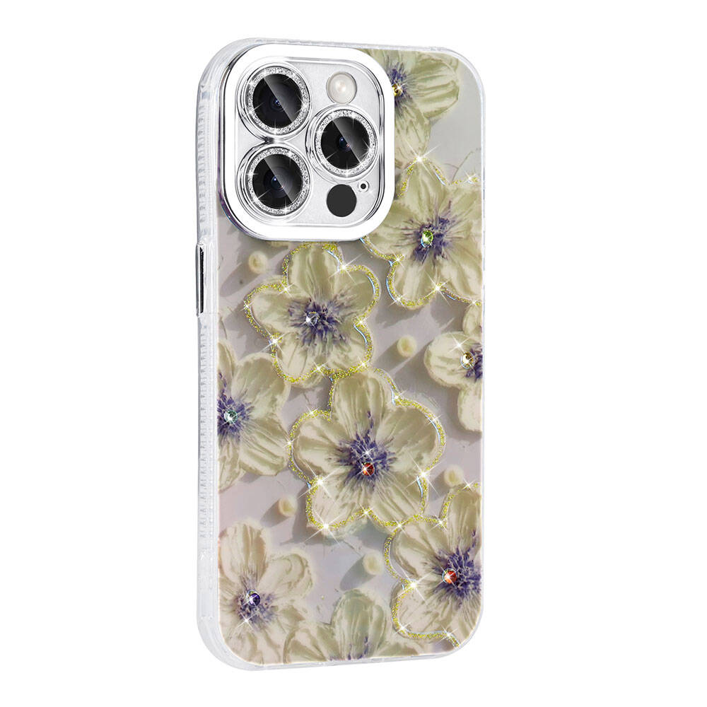 Apple iPhone 14 Pro Max Kılıf Çiçek Desenli Parlak Taşlı Sert Silikon Zore Garden Kapak Colorful