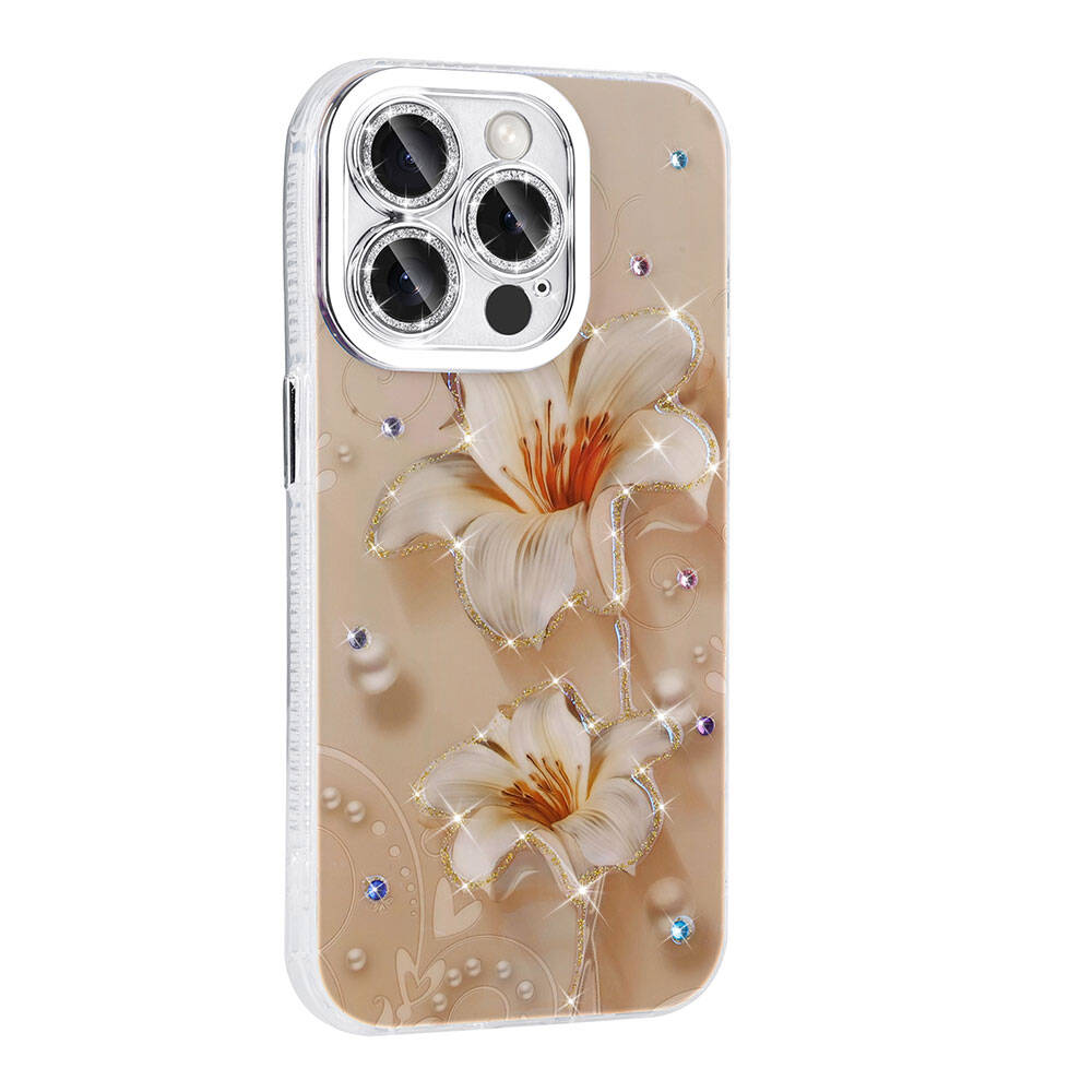Apple iPhone 14 Pro Max Kılıf Çiçek Desenli Parlak Taşlı Sert Silikon Zore Garden Kapak Colorful