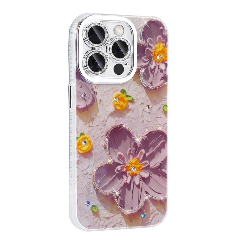Apple iPhone 14 Pro Max Kılıf Çiçek Desenli Parlak Taşlı Sert Silikon Zore Garden Kapak Mor