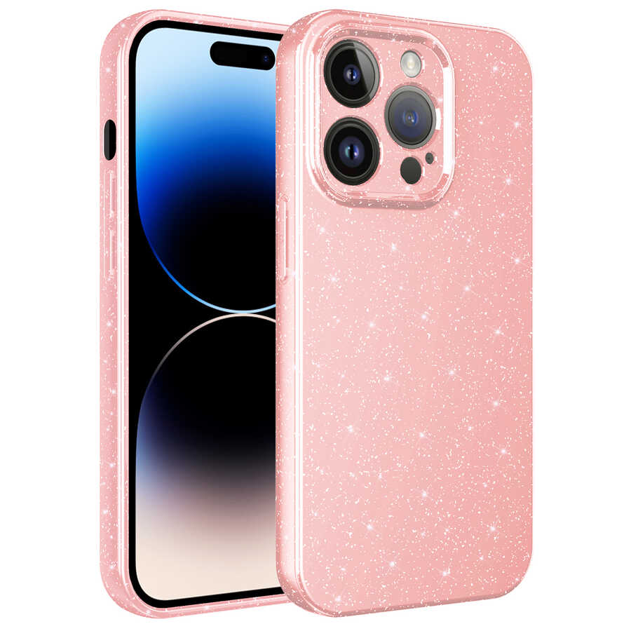 Apple iPhone 14 Pro Max Kılıf Kamera Korumalı Simli Lüks Zore Koton Kapak Pembe
