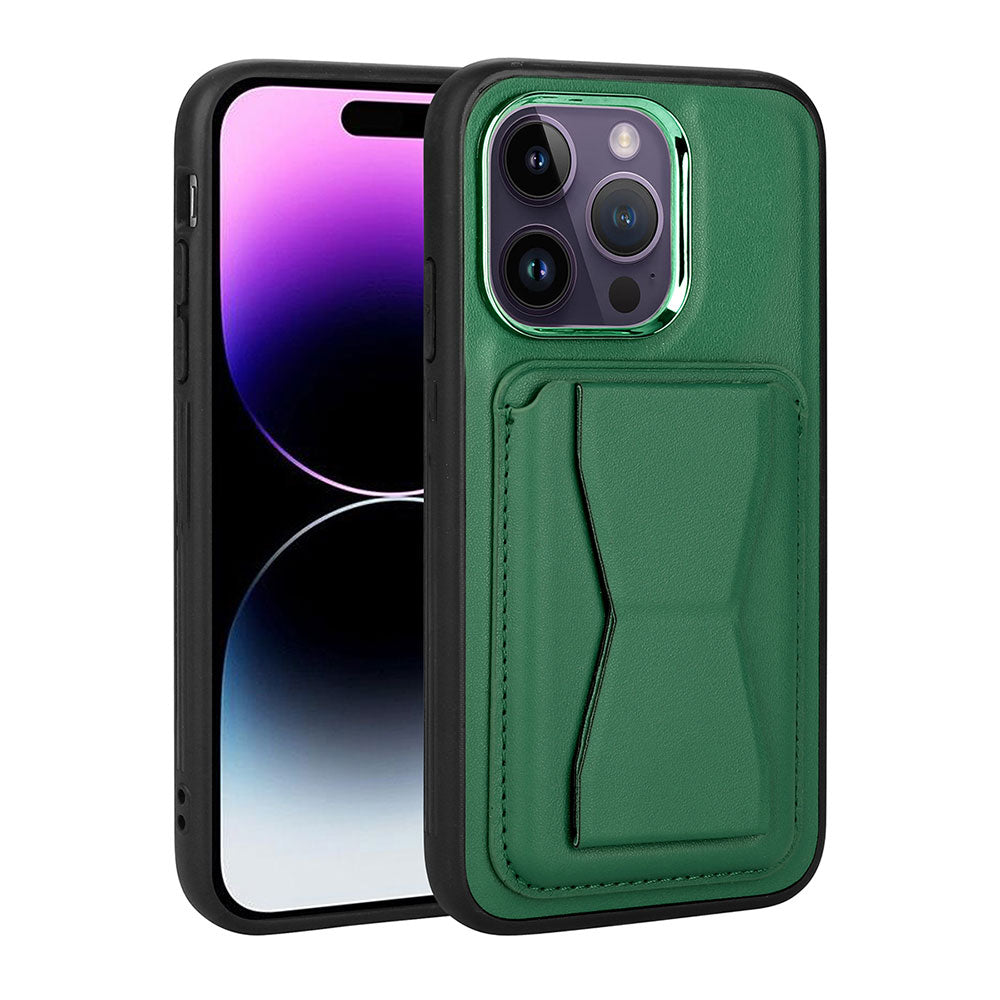 Apple iPhone 14 Pro Max Kılıf Kartlıklı Standlı Pu Deri Zore Memo Kapak Koyu Yeşil