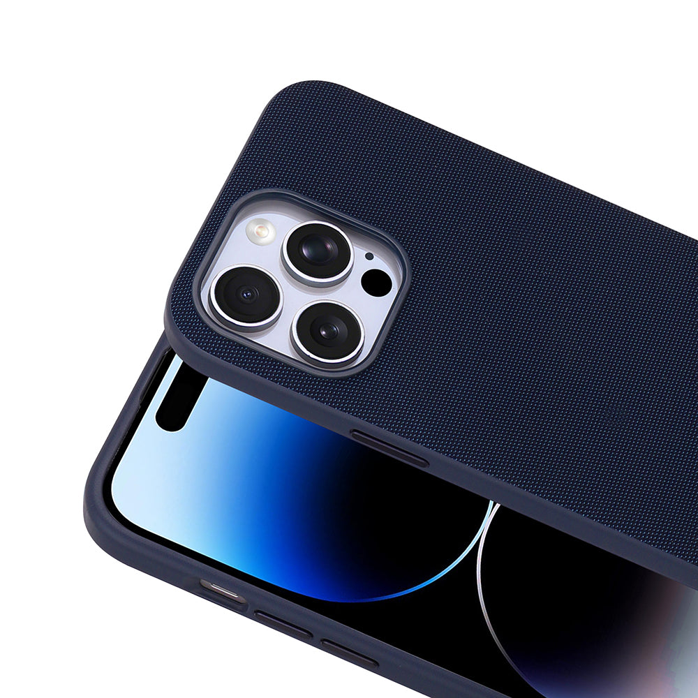 Apple iPhone 14 Pro Max Kılıf M-Safe Şarj Özellikli Kumaş Tasarımlı Zore Miami Sert PC Kapak Lacivert