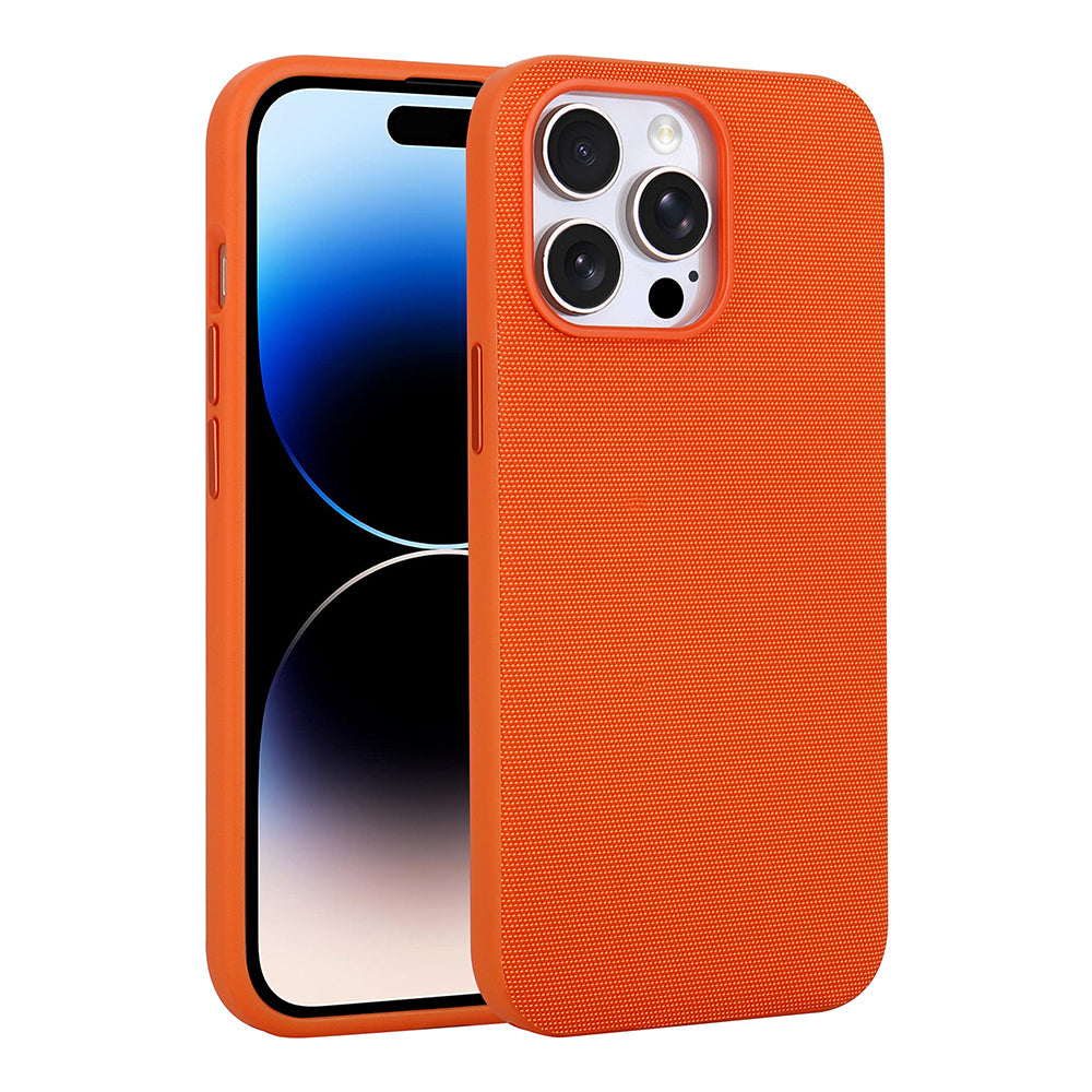 Apple iPhone 14 Pro Max Kılıf M-Safe Şarj Özellikli Kumaş Tasarımlı Zore Miami Sert PC Kapak Turuncu