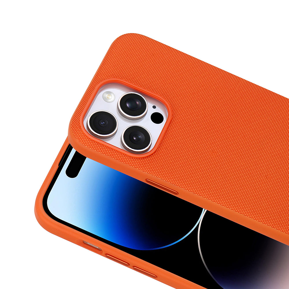 Apple iPhone 14 Pro Max Kılıf M-Safe Şarj Özellikli Kumaş Tasarımlı Zore Miami Sert PC Kapak Turuncu