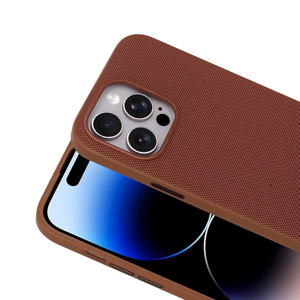 Apple iPhone 14 Pro Max Kılıf M-Safe Şarj Özellikli Kumaş Tasarımlı Zore Miami Sert PC Kapak Kahverengi