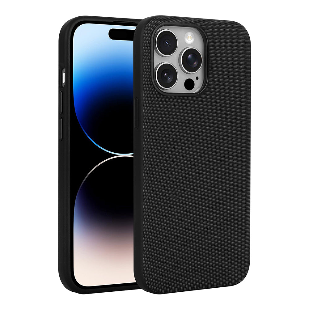 Apple iPhone 14 Pro Max Kılıf M-Safe Şarj Özellikli Kumaş Tasarımlı Miami Sert PC Kapak Siyah