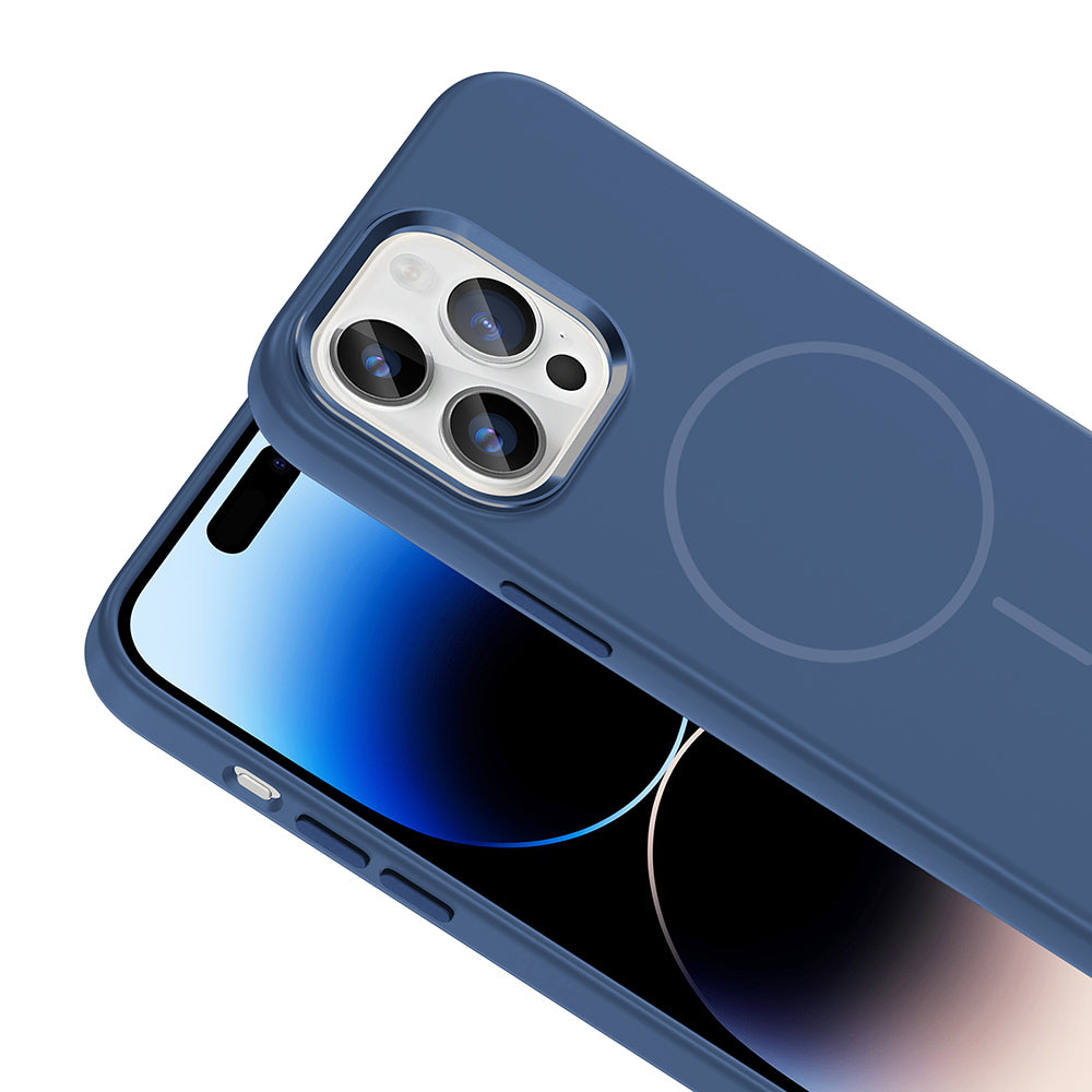 Apple iPhone 14 Pro Max Kılıf M-Safe Şarj Özellikli Metal Kamera Çerçeveli Zore Edi Silikon Kapak Lacivert