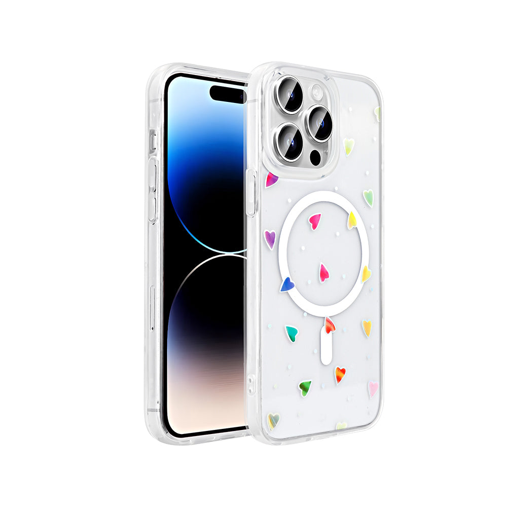 Apple iPhone 14 Pro Max Kılıf M-Safe Şarj Özellikli Şeffaf Zore Folk Sert Kapak Kalp