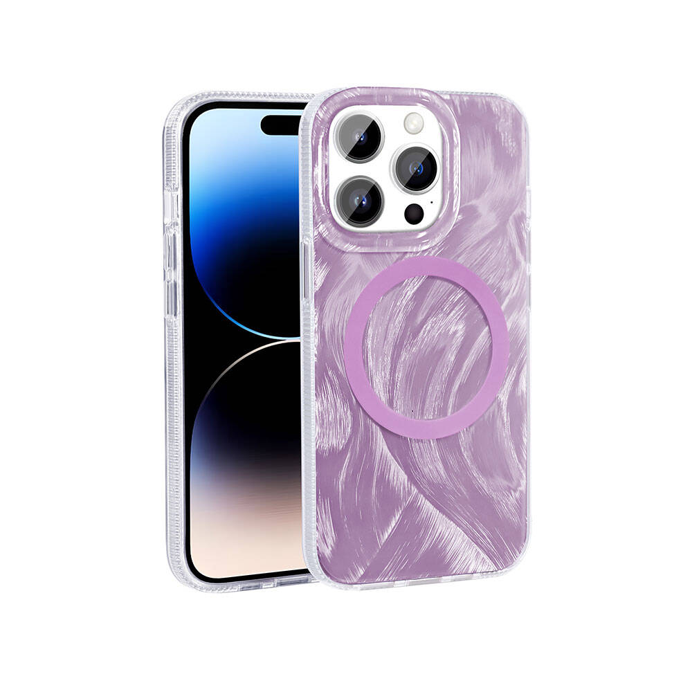 Apple iPhone 14 Pro Max Kılıf M-safe Şarj Özellikli Fırça Boya Desenli Zore Palet Kapak Gri