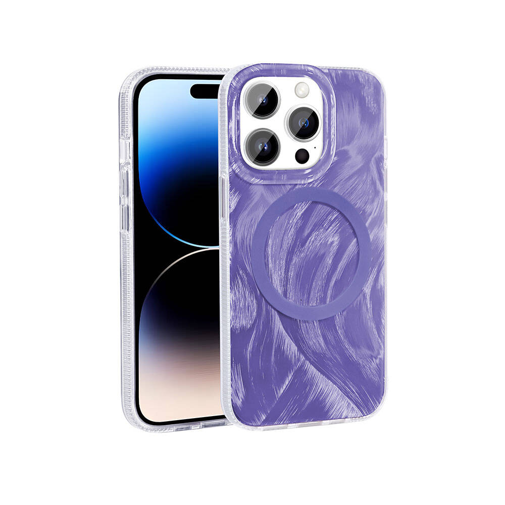 Apple iPhone 14 Pro Max Kılıf M-safe Şarj Özellikli Fırça Boya Desenli Zore Palet Kapak Pembe