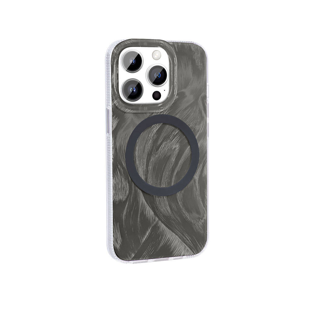 Apple iPhone 14 Pro Max Kılıf M-safe Şarj Özellikli Fırça Boya Desenli Zore Palet Kapak Gri