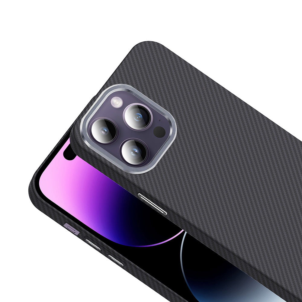 Apple iPhone 14 Pro Max Kılıf M-safe Şarj Özellikli Karbon Fiber Görünümlü Zore Gros Kapak Gri-Siyah