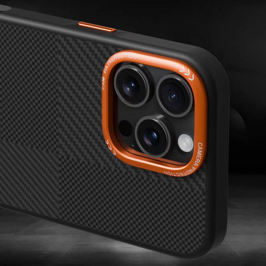 Apple iPhone 14 Pro Max Kılıf M-safe Şarj Özellikli Karbon Fiber Görünümlü Zore Kamp Kapak Turuncu