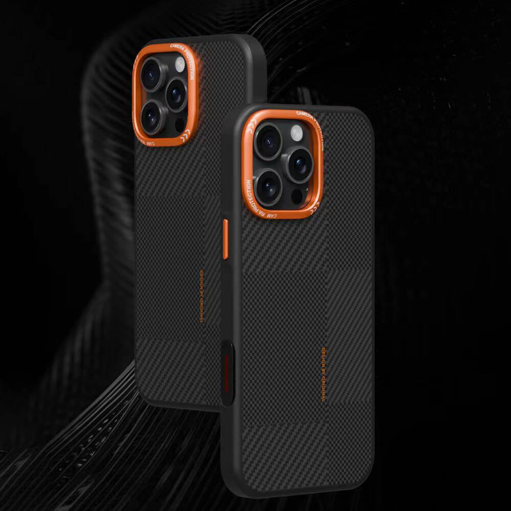 Apple iPhone 14 Pro Max Kılıf M-safe Şarj Özellikli Karbon Fiber Görünümlü Zore Kamp Kapak Turuncu