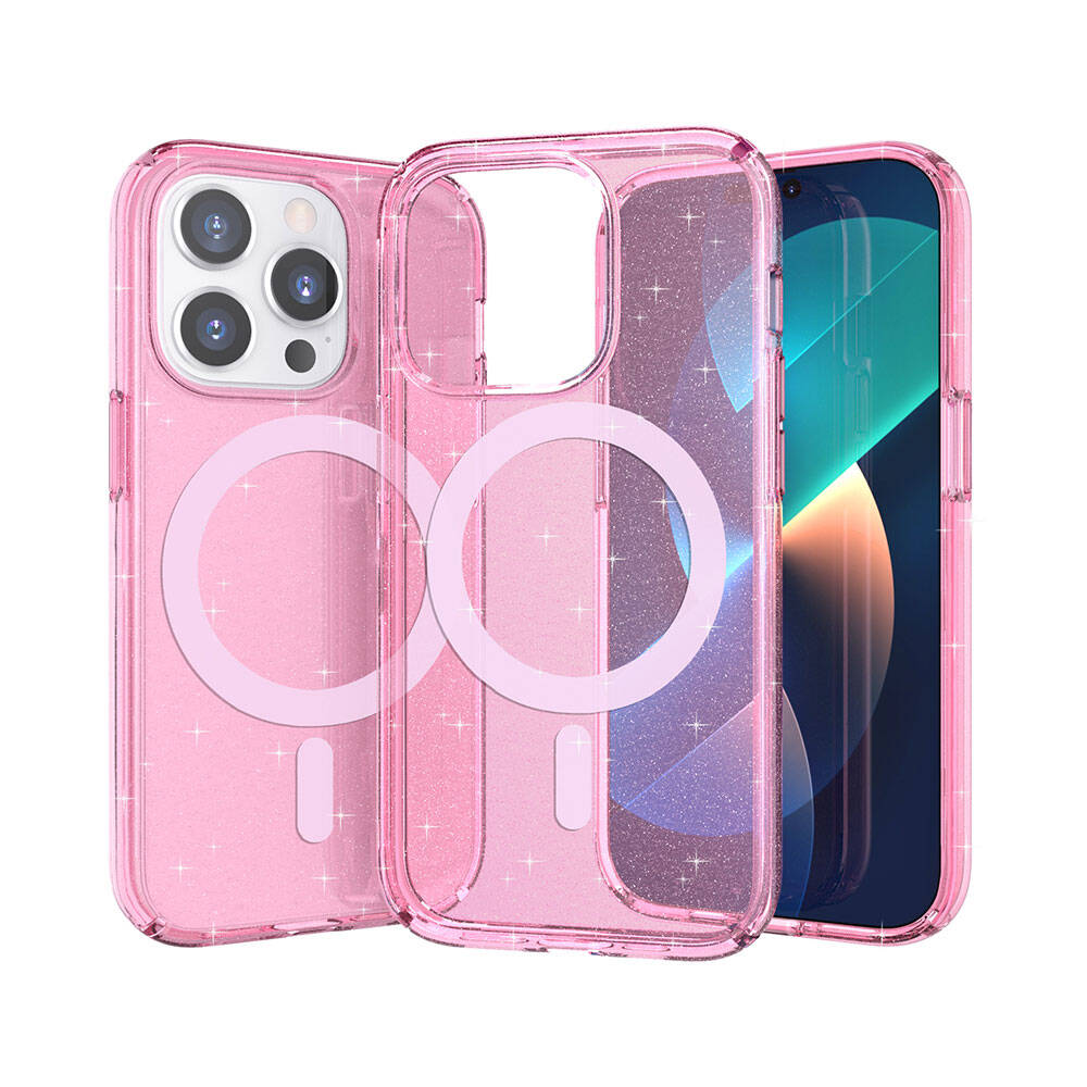 Apple iPhone 14 Pro Max Kılıf M-safe Şarj Özellikli Parlayan Simli Saydam Renkli Zore Allstar Kapak Pembe