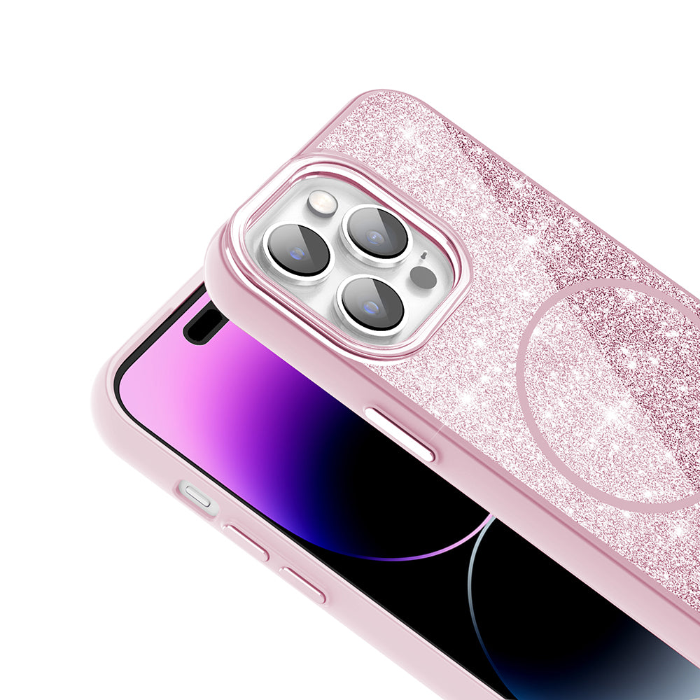 Apple iPhone 14 Pro Max Kılıf M-safe Şarj Özellikli Parlayan Simli Zore Okso Kapak Pembe